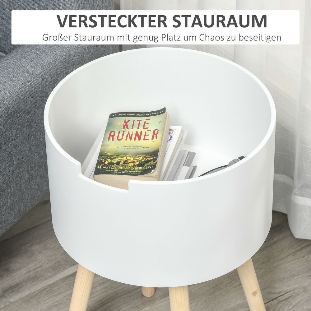 HOMCOM Modern Side Table with Hidden Storage Space, Round Night Stand with Removable Tray Wood Frame End Coffee Table for Living Room, White