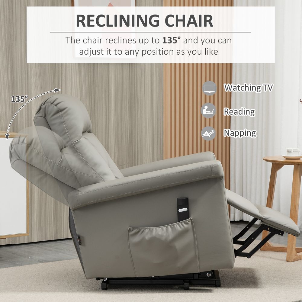 HOMCOM Power Lift Chair, PU Leather Recliner Sofa Chair for Elderly with Remote Control, Side Pocket, Grey