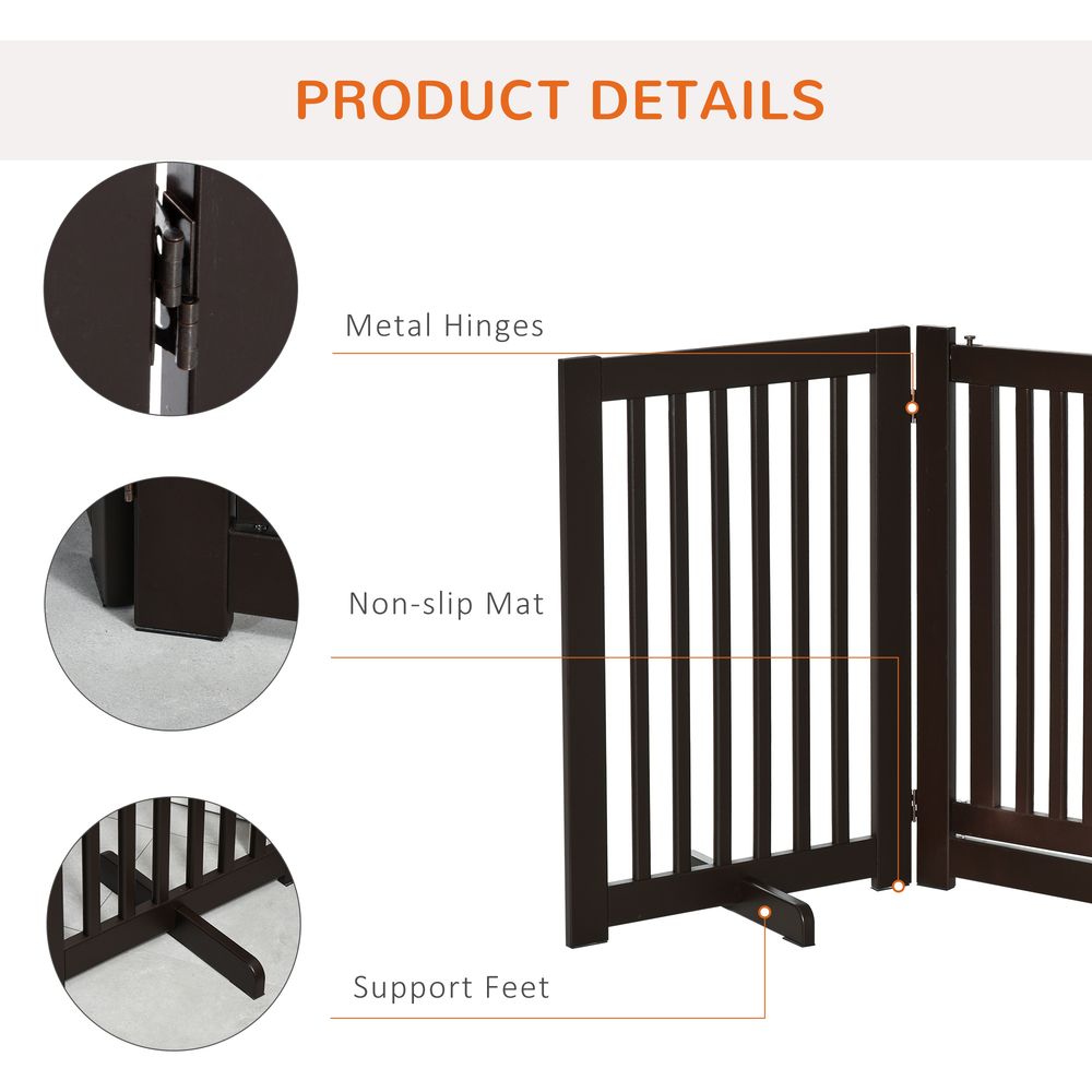 PawHut Freestanding Dog Gate Wood Doorway Safety Pet Barrier Fence Foldable w/Latch Support Feet Deep Brown, 155 x 76 cm