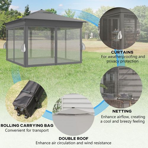 Outsunny 3x3(m) Pop Up Gazebo w/ Solar-Powered LED Lights Curtain Netting Grey