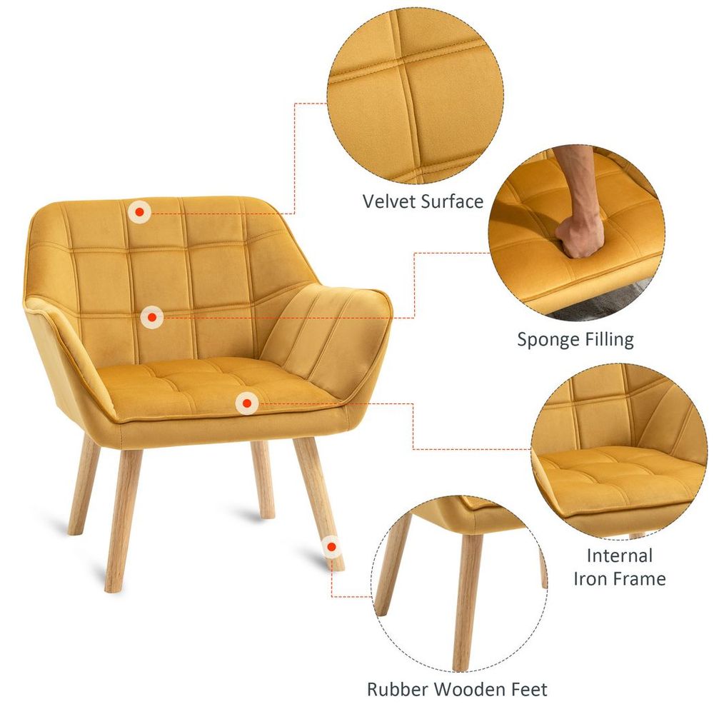 Luxe Velvet-Feel Accent Chair: Wide Arms, Slanted Back, Yellow