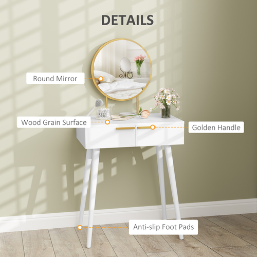 HOMCOM Modern Dressing Table w/ 2 Drawers Round Mirror for Bedroom White