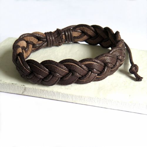 Mens Brown Pleated Leather Bracelet