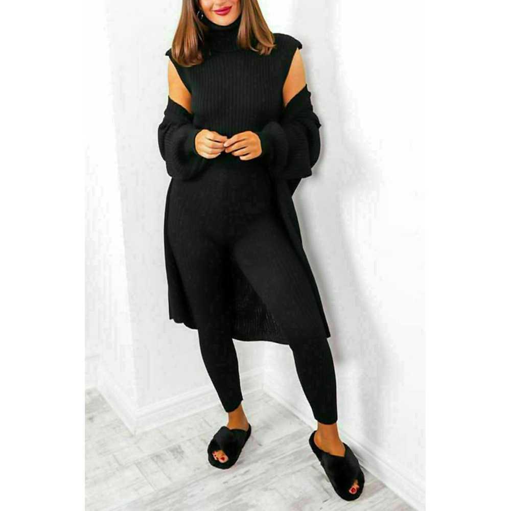Ladies 3 Piece Suit Roll Neck Chunky Knitted Ribbed Tracksuit Lounge Set