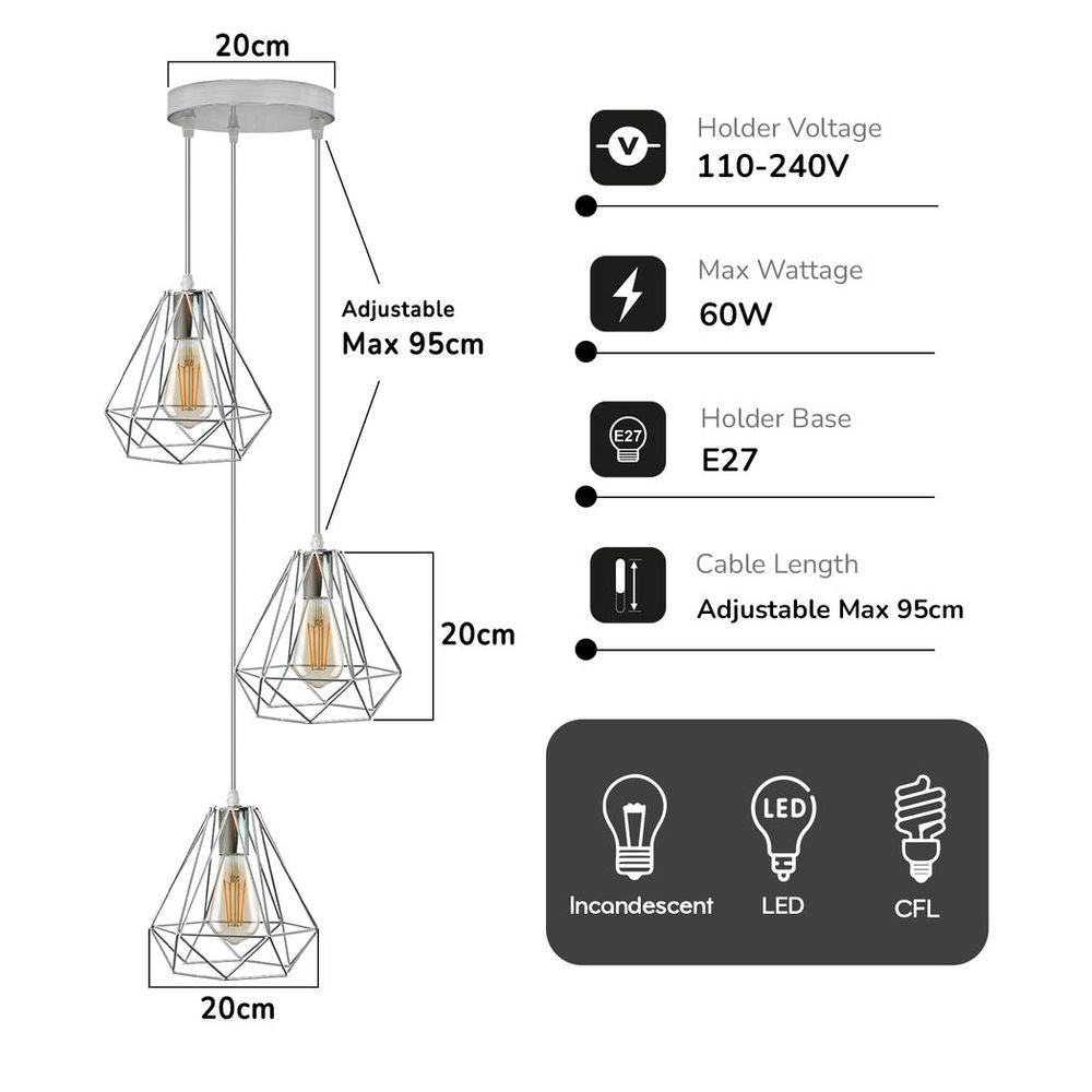 3 Head Round Base Chrome Vintage Metal 20cm Diamond Wire Cage E27 Base Ceiling Pendant Light Fitting