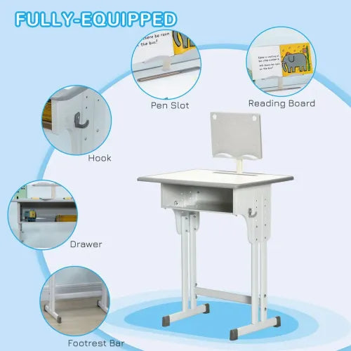 HOMCOM Kids Desk and Chair Set Adjustable Height Study Table Set w/Drawer, Book Stand, Pen Slot - Grey
