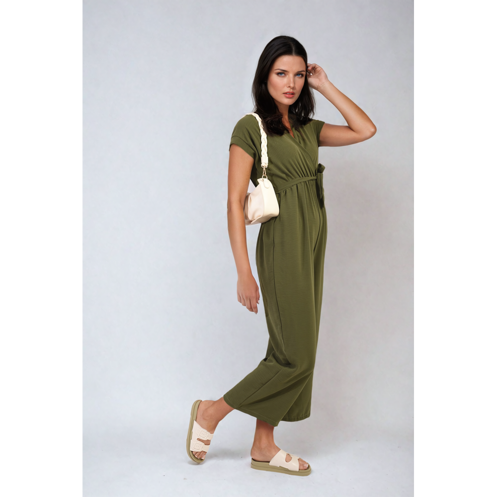 Belted V Neck Jumpsuit with Side Pockets