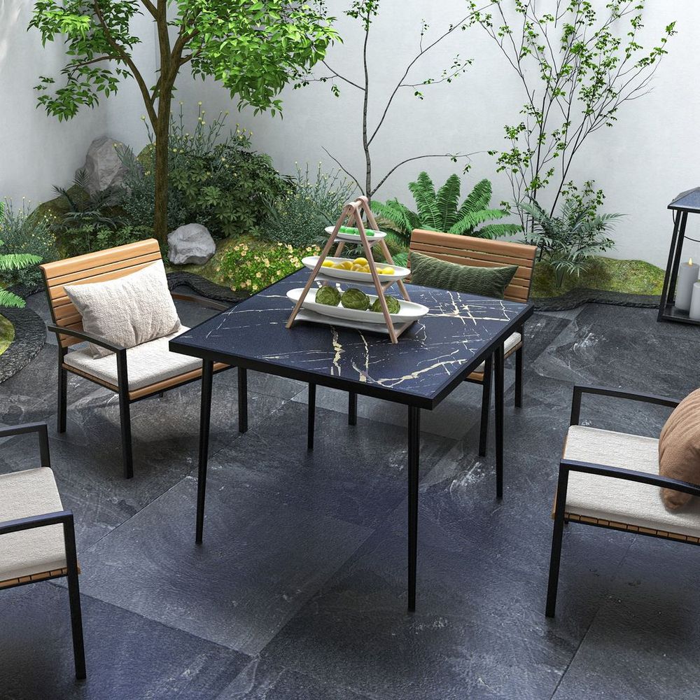 Premium Outsunny Outdoor Dining Table - Seats 4, Tempered Glass Top, Elegant Marble Effect - Black