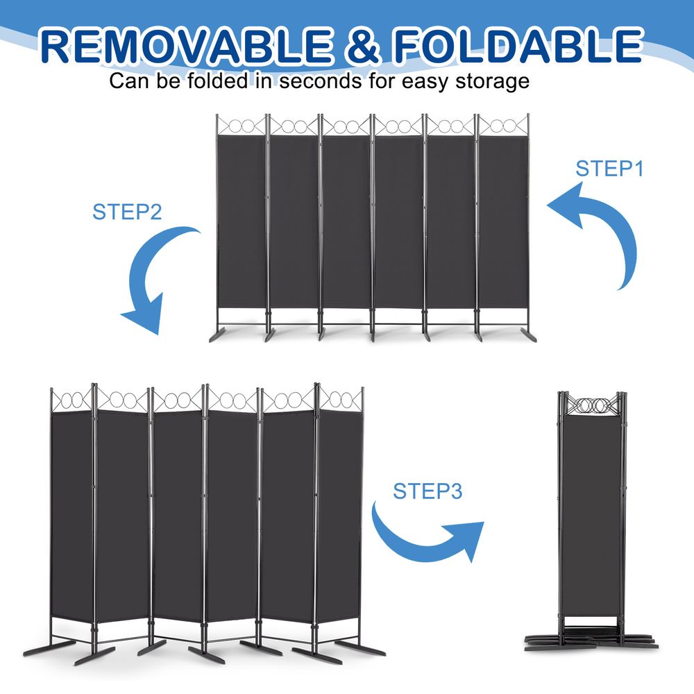 5.74FT 6-Fold Top With Shape 130g Polyester Cloth Plastic Feet Carbon Steel Frame Foldable Screen Black