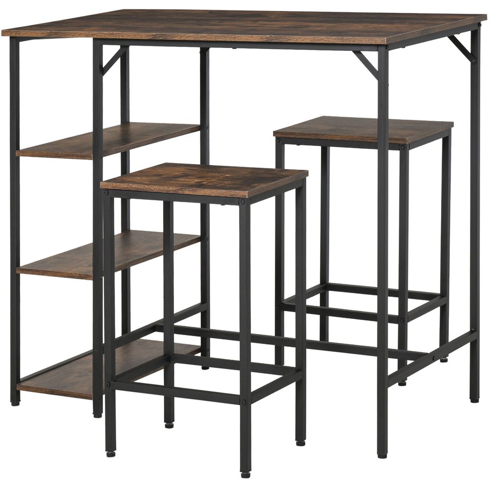 Industrial Bar Height Dining Set: 3PC Table, 2 Stools, Side Shelf - Sturdy & Stylish