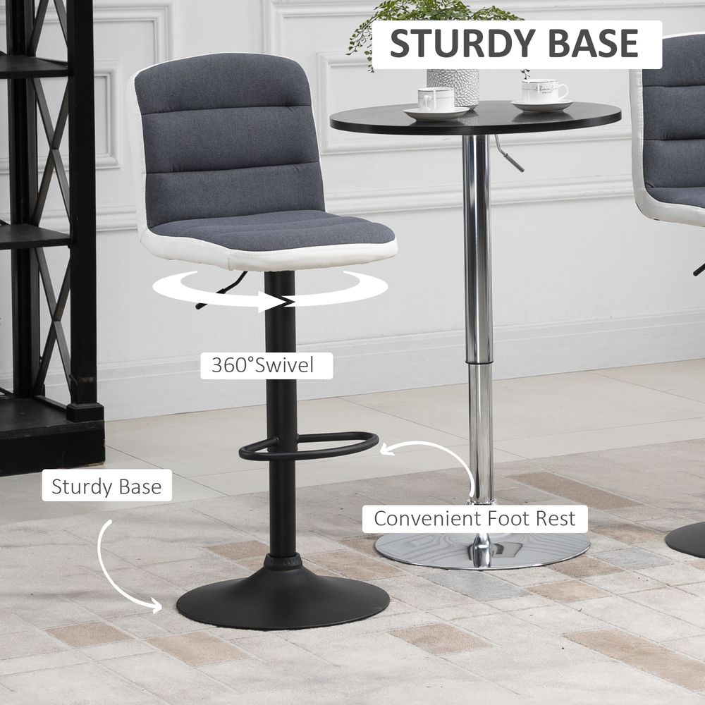 HOMCOM Bar Stools Set of 2, Height Adjustable Bar Chairs in Fabric and Faux Leather, 360° Swivel Kitchen Stool with Backrest and Footrest, Dark Grey
