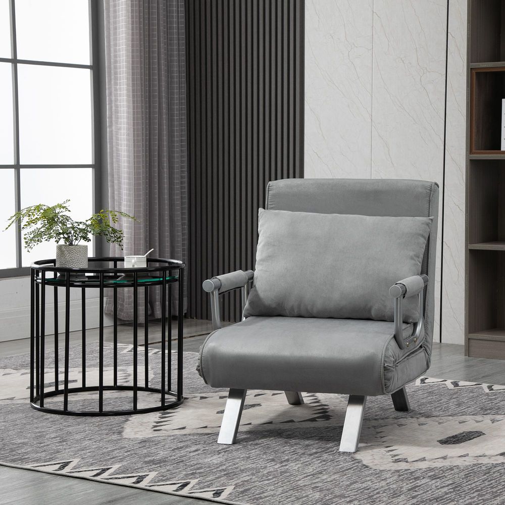 HOMCOM Modern 4-In-1 Single Sofa Bed Sleeper Foldable Portable Armchair Bed Chair Lounge Couch with Pillow for Living Room, Bedroom, Light Grey