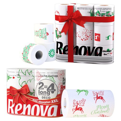 Renova Luxury Christmas Rolls - 9 Toilet Paper & 2 Kitchen XXL Rolls w/ 80 Sheet