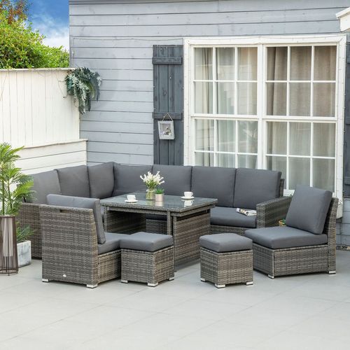 Outsunny 10-Seater Sofa Sectional W/ Cushioned Seat, Footstools and Glass Table
