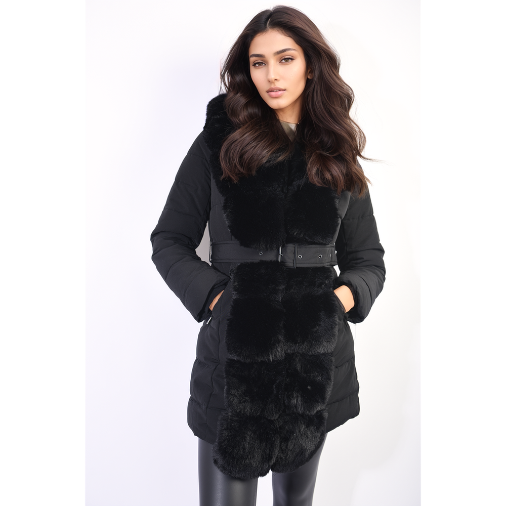 Padded Faux Fur Trim Longline Coat