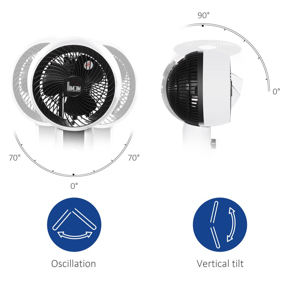 HOMCOM 9'' Air Circulator Fan 3 Speed 3 Mode, 70° Oscillation 90° Vertical Tilt, Height Adjustable, Remote Controller, for Living Room, Bedroom, Office, Black and White
