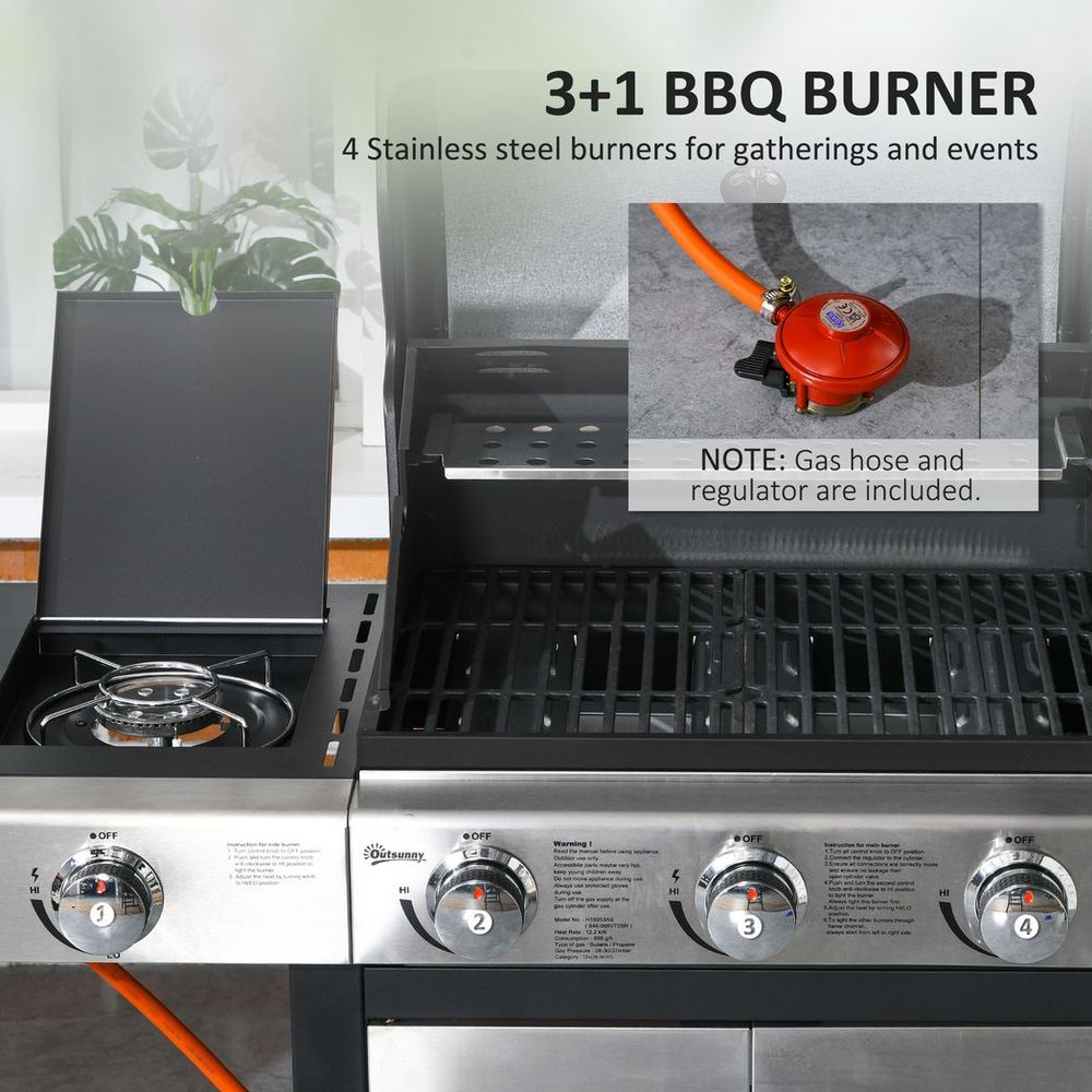 Outsunny Deluxe Gas BBQ Grill 3+1 Burner Garden w/ Large Cooking Area & Side Gas Burner