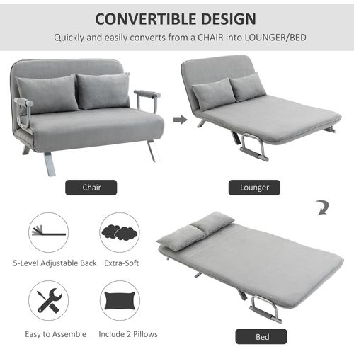 HOMCOM Fabric Convertible 2 Seater Sofa Bed w/ 2 Pillows, Light Grey