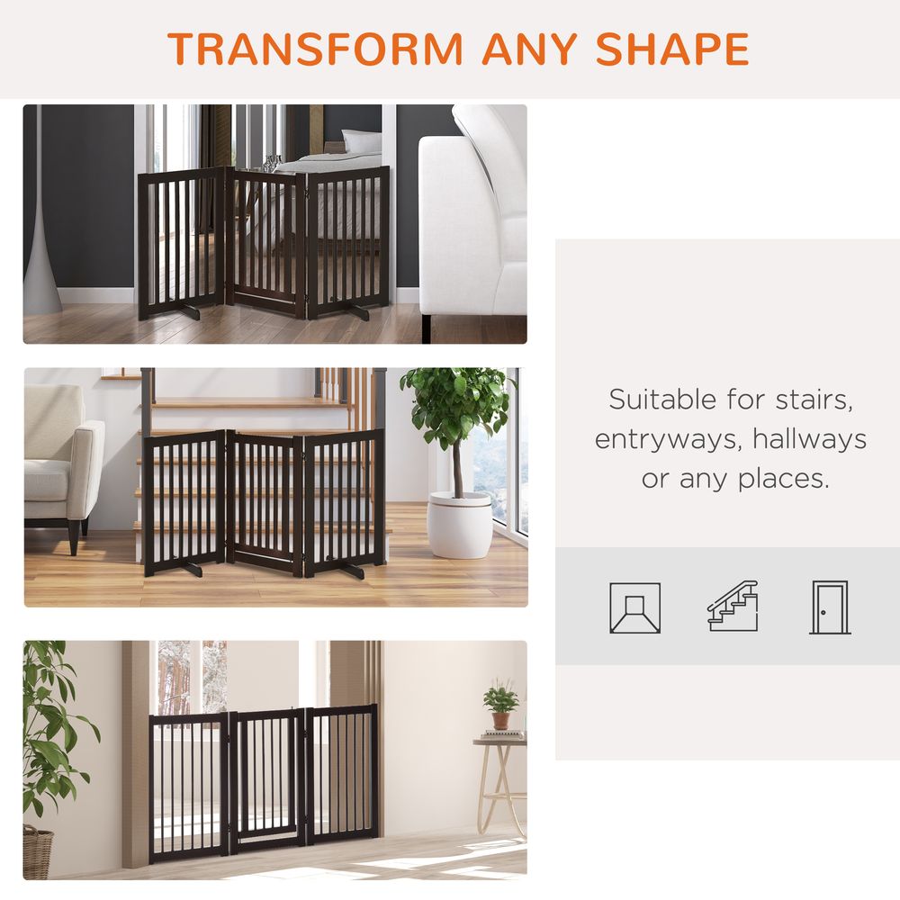 PawHut Freestanding Dog Gate Wood Doorway Safety Pet Barrier Fence Foldable w/Latch Support Feet Deep Brown, 155 x 76 cm