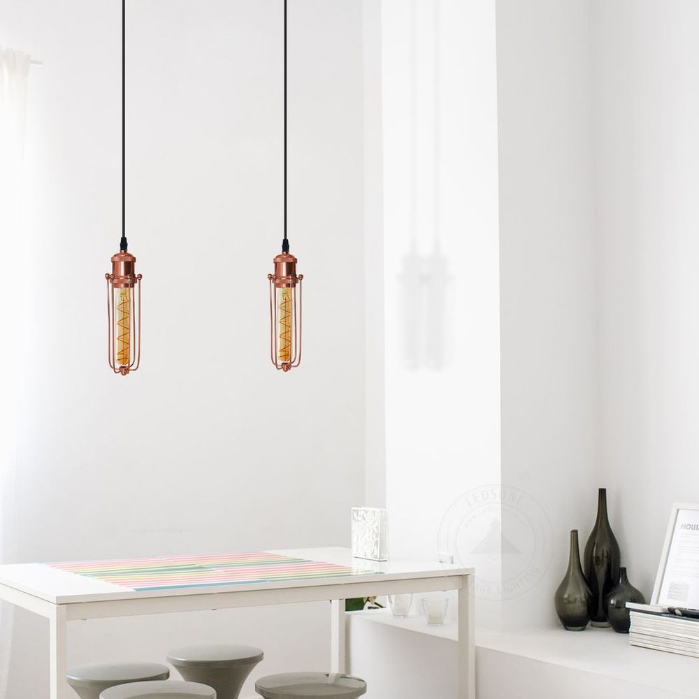 Vintage Metal Cage Pendant Light - Single Rose Gold Ceiling E27 Lamp Fixture for Home, Office, Cafe - Adjustable Wire Length