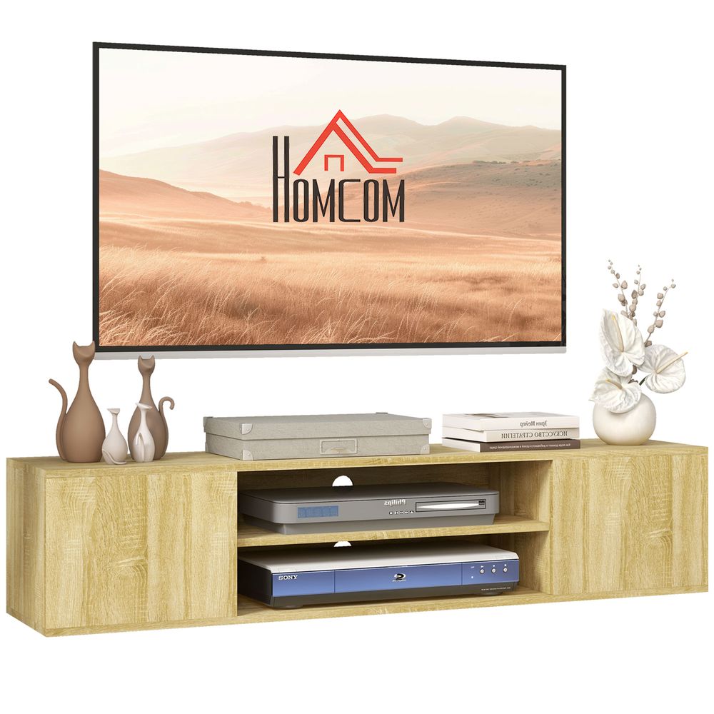 HOMCOM Floating TV Unit for 60" TVs W/ Shelves and Cabinets, Natural Wood Effect