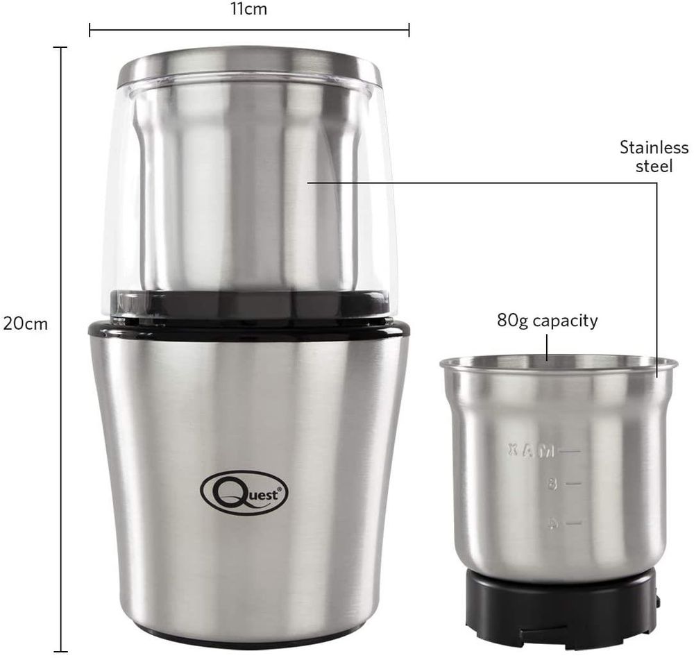 Quest Comp. SS Electric Grinder, 80g, 200W, 20x12x12cm. High-Quality, Versatile. 2 Cups Incl. Anti-Slip Feet. #1 Seller.