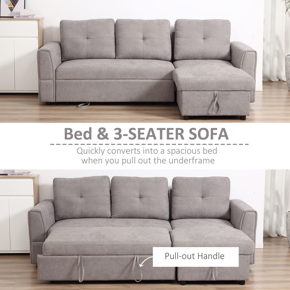 HOMCOM IE Located L-Shaped Sofa Bed Upholstered Reversible Couch with Hidden Storage Sectional Bed Set Sleeper Futon Grey