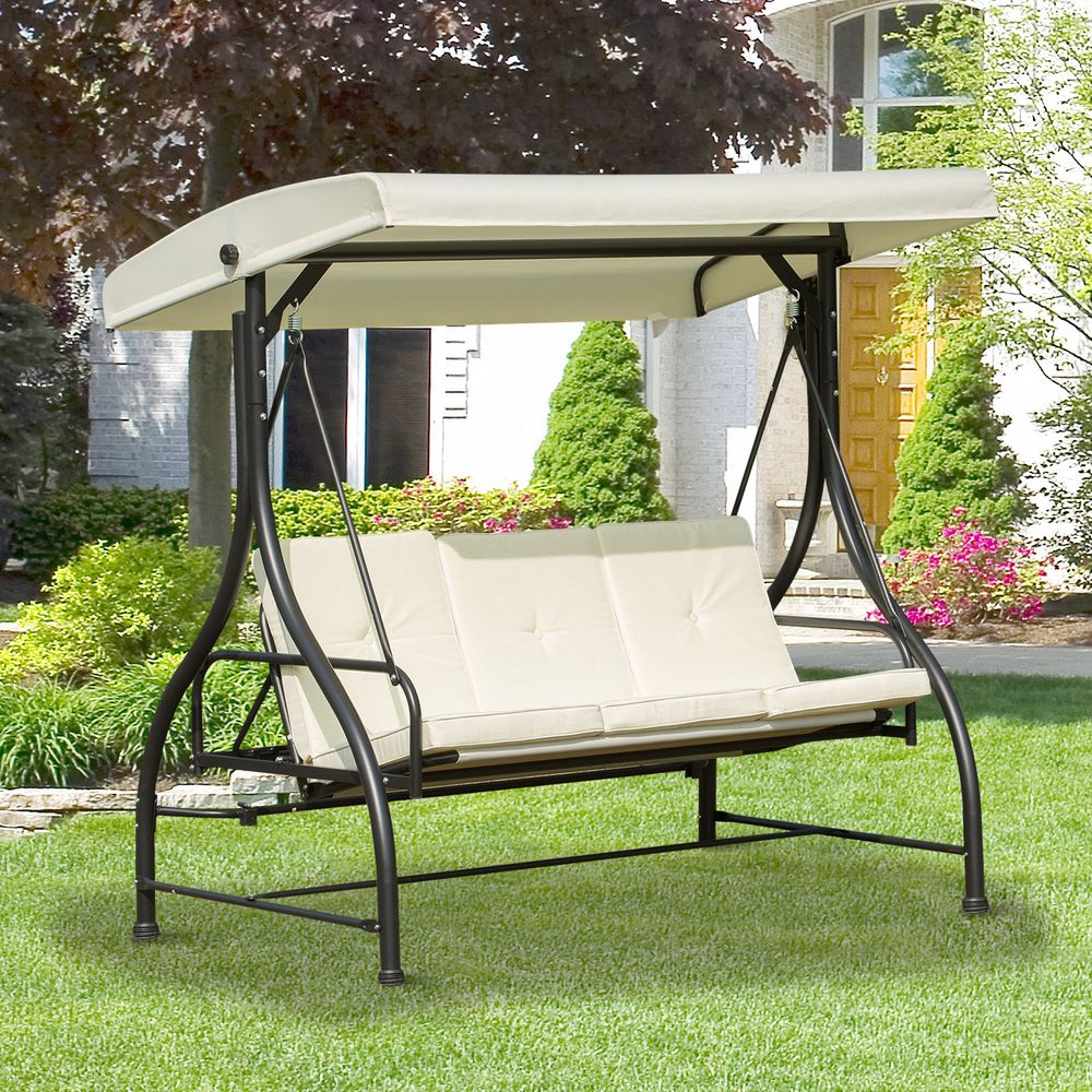 Outdoor Swing Chair - 185L*125D*173H cm - Beige/Black - Metal Frame - Canopy - Cushions - 3 Person Seating - High Load Capacity - Assembly Required