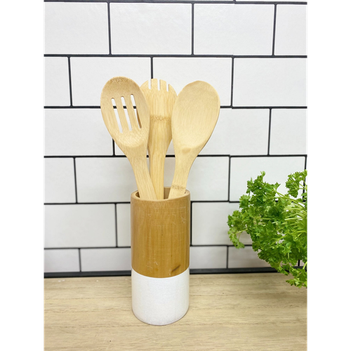 Six Piece Wooden Utensils with Round Holder