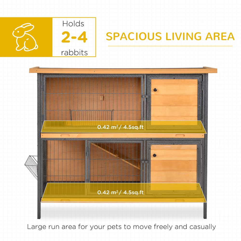 PawHut 2 Tier Wooden Rabbit Hutch Guinea Pig Hutch Bunny Cage Metal Frame Elevated Pet House with Slide-Out Tray Feeding Trough Ramp Lockable Door Openable Roof Light Yellow 122 x 50 x 101cm