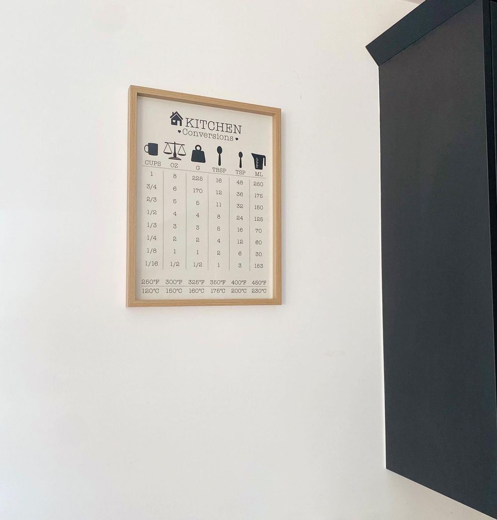 Kitchen Conversions Guide in Frame: Practical & Stylish Conversion Chart Print for Easy Cooking. Clear & Legible Measurements. Wooden Frame.