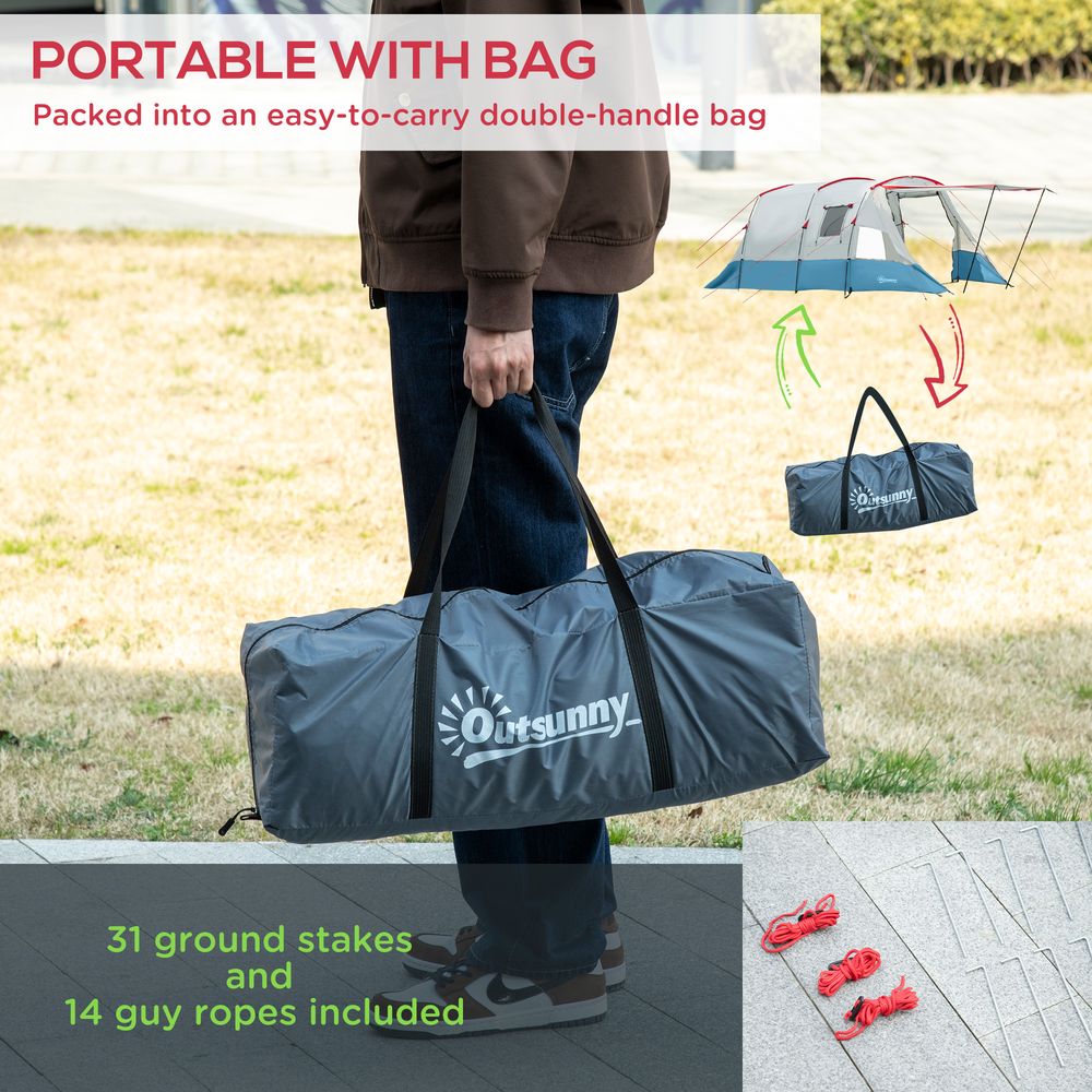 Outsunny 6-8 Person Tunnel Tent, Two-room Camping, Carry Bag, Grey
