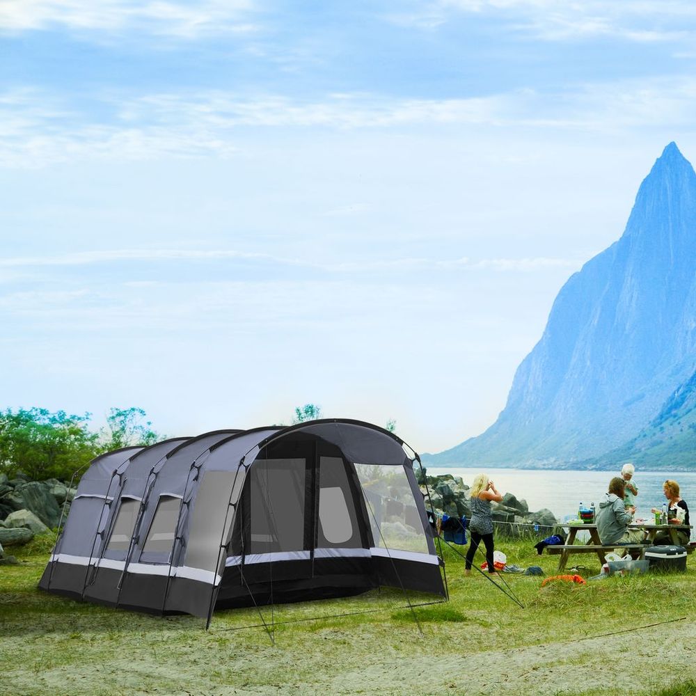 Premium 8-Person Camping Tent with Tunnel Design, 4 Large Windows, Dark Grey