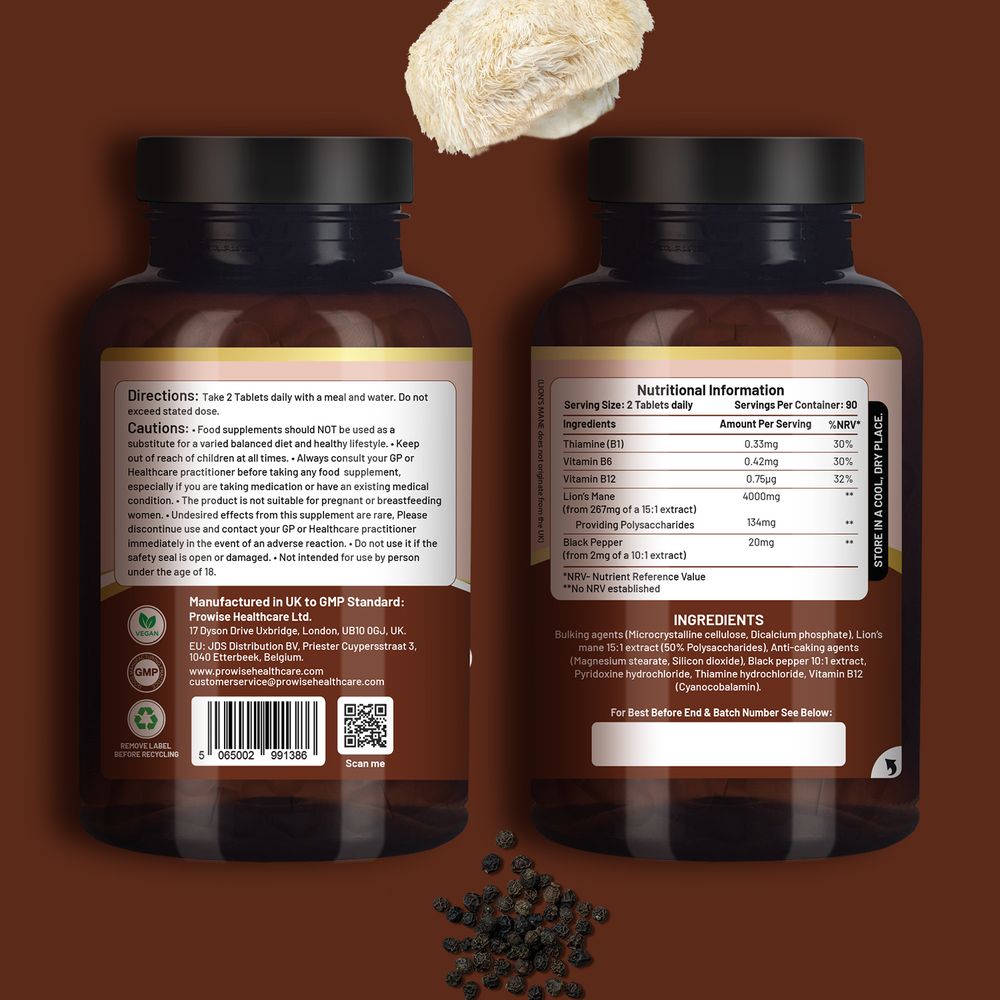 Lions Mane Mushroom Supplement 4000mg with Vitamin B1, B6, B12 & Black Pepper - 180 Super Strength Vegan Tablets with 50% Polysaccharides (Not Powder or Capsules) | Made in The UK by Prowise