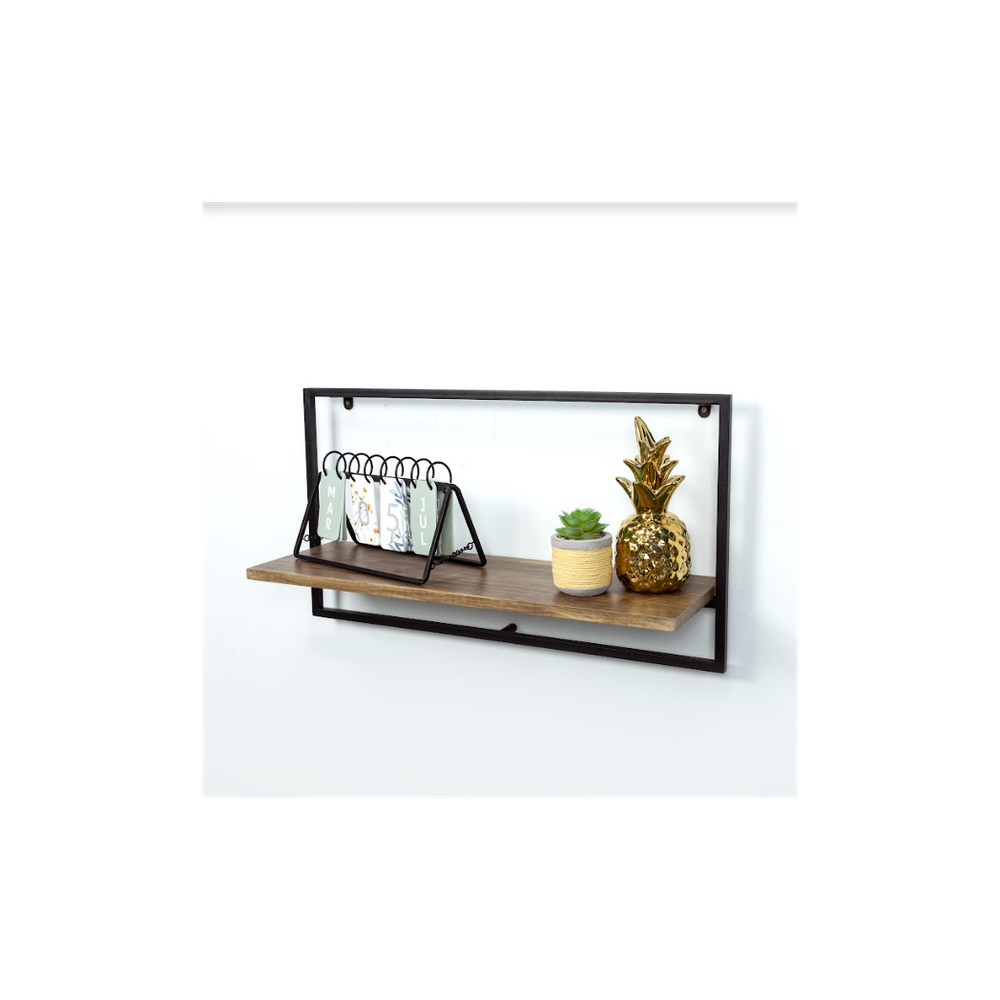 Sturdy Dark Oak Floating Wall Shelf - PARGI: Wide Design, Black Frame