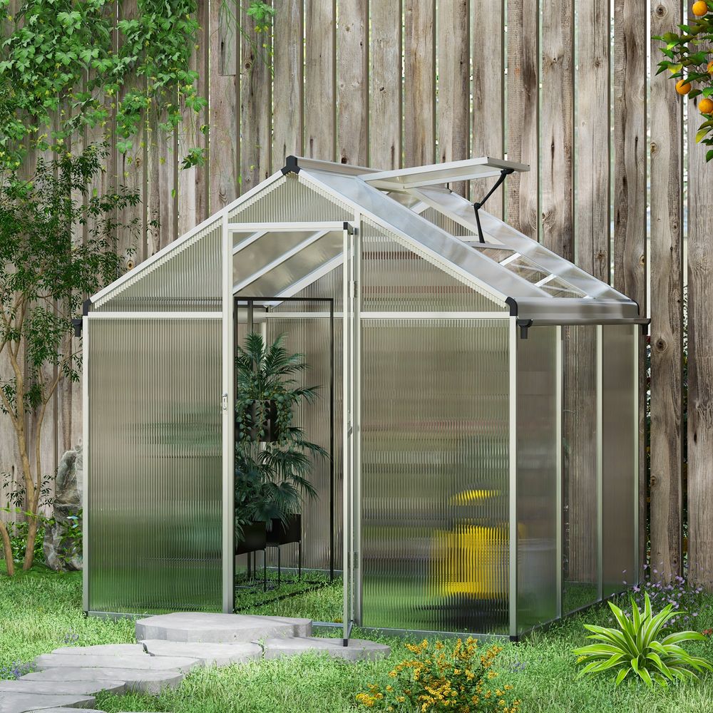 Outsunny 6x6ft Aluminium Greenhouse - Door Window Galvanised Base PC Panel