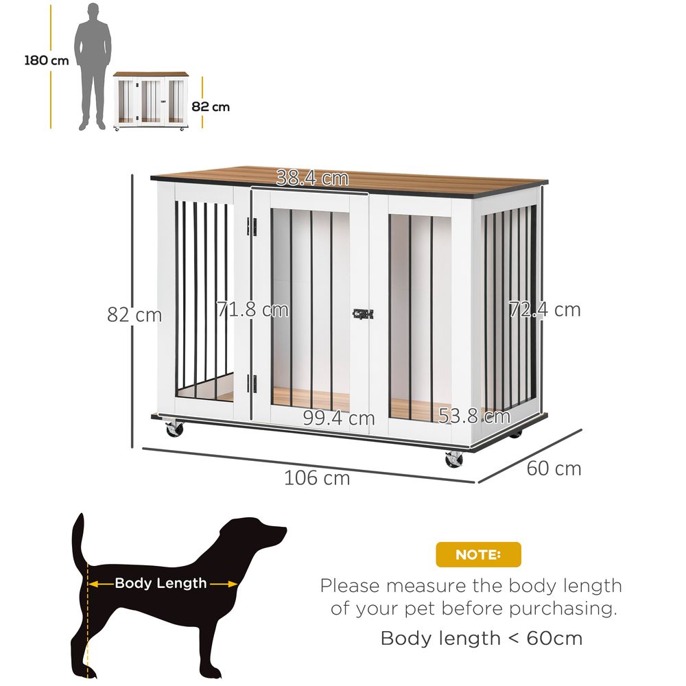 PawHut Dog Crate Furniture, Dog Cage End Table with Wheels, Lockable Door, for Medium Dogs, 106 x 60 x 82 cm - White