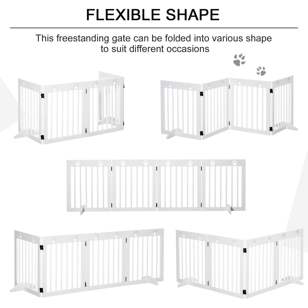 PawHut Freestanding Pet Gate 4 Panel Wooden Dog Barrier Folding Safety Fence with Support Feet up to 204cm Long 61cm Tall for Doorway Stairs White
