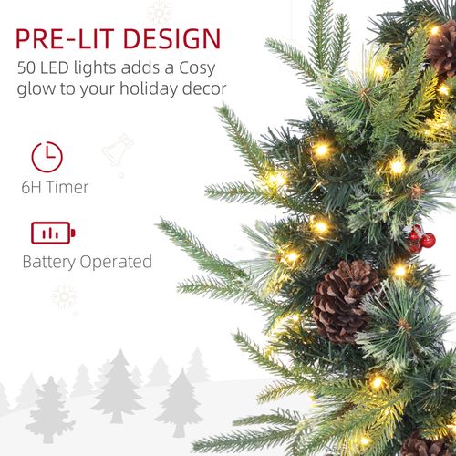 HOMCOM 60cm Christmas Wreath with LED Lights Pine Cones Red Berries Green