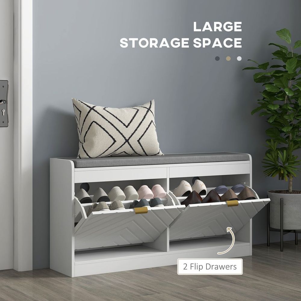 HOMCOM Shoe Bench with 2 Flip Drawers, Cushion, 8 Pairs for Entryway White