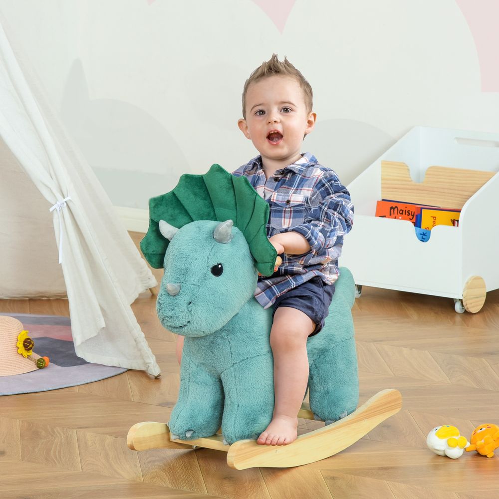 HOMCOM Kids Toddler Rocking Horse Plush Ride On Triceratops Rocker Wooden Base W/Sound for 3-6 Years Green
