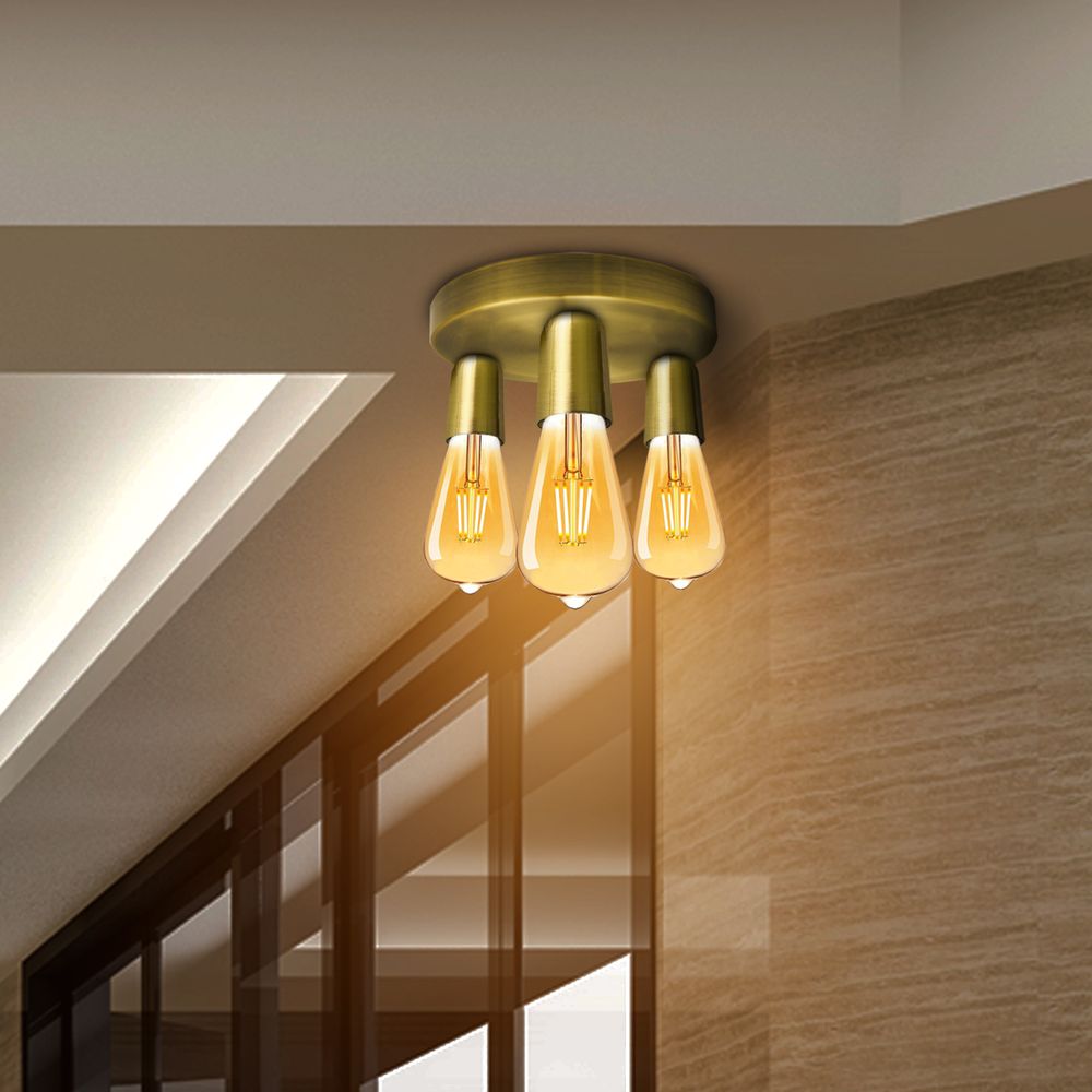 Vintage Yellow Brass Ceiling Light - 3 Way E27 Lamp Base - Semi Flush Design