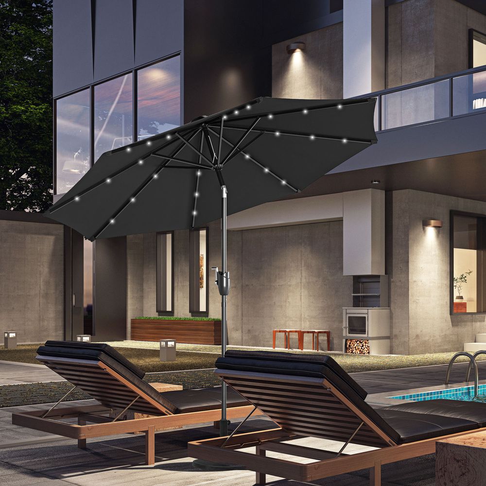 Premium Outsunny Outdoor LED Garden Parasol Umbrella - Black | Tilt, Sun-proof, Hand Crank - High Quality