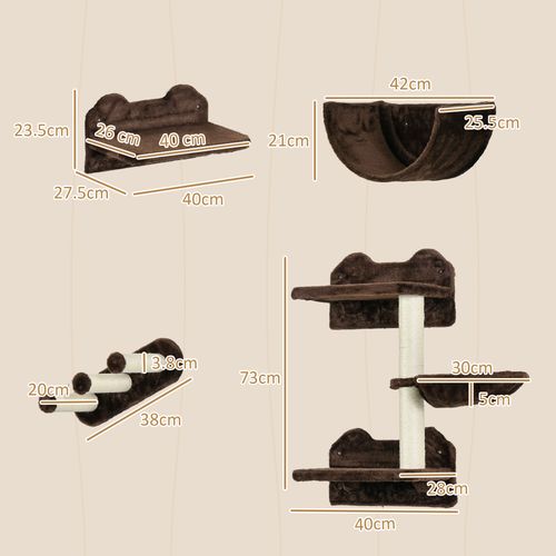 PawHut 4PCs Wall Mounted Cat Tree Cat Wall Shelves W/ Scratching Post