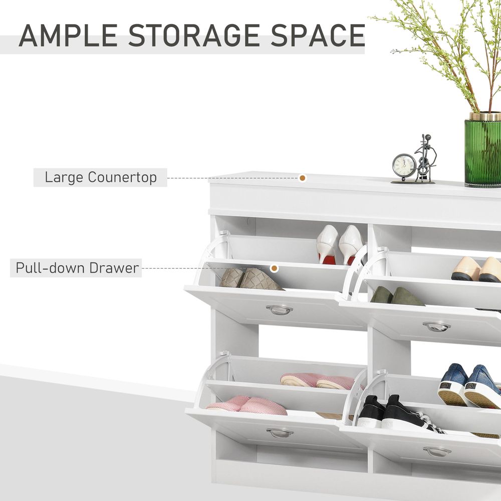 HOMCOM Shoe Cabinet with 4 Flip Drawers Wood Tipping Bucket Narrow Storage Cupboard with Adjustable Shelf, for Hallway, White, 98L x 24W x 83H cm