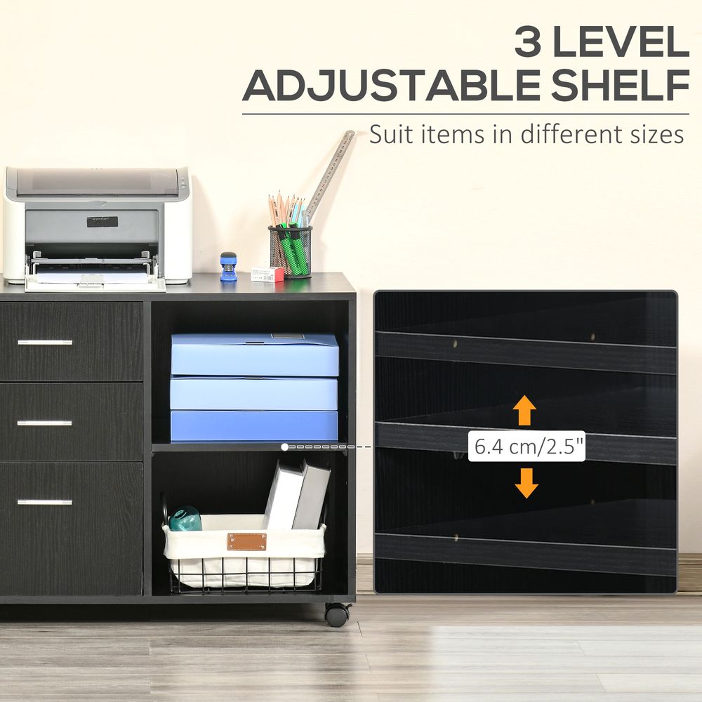 HOMCOM Freestanding Printer Stand Unit Office Desk Side Mobile Storage w/Wheels 3 Drawers, 2 Open Shelves Modern Style 80L x 40W x 65H cm - Black