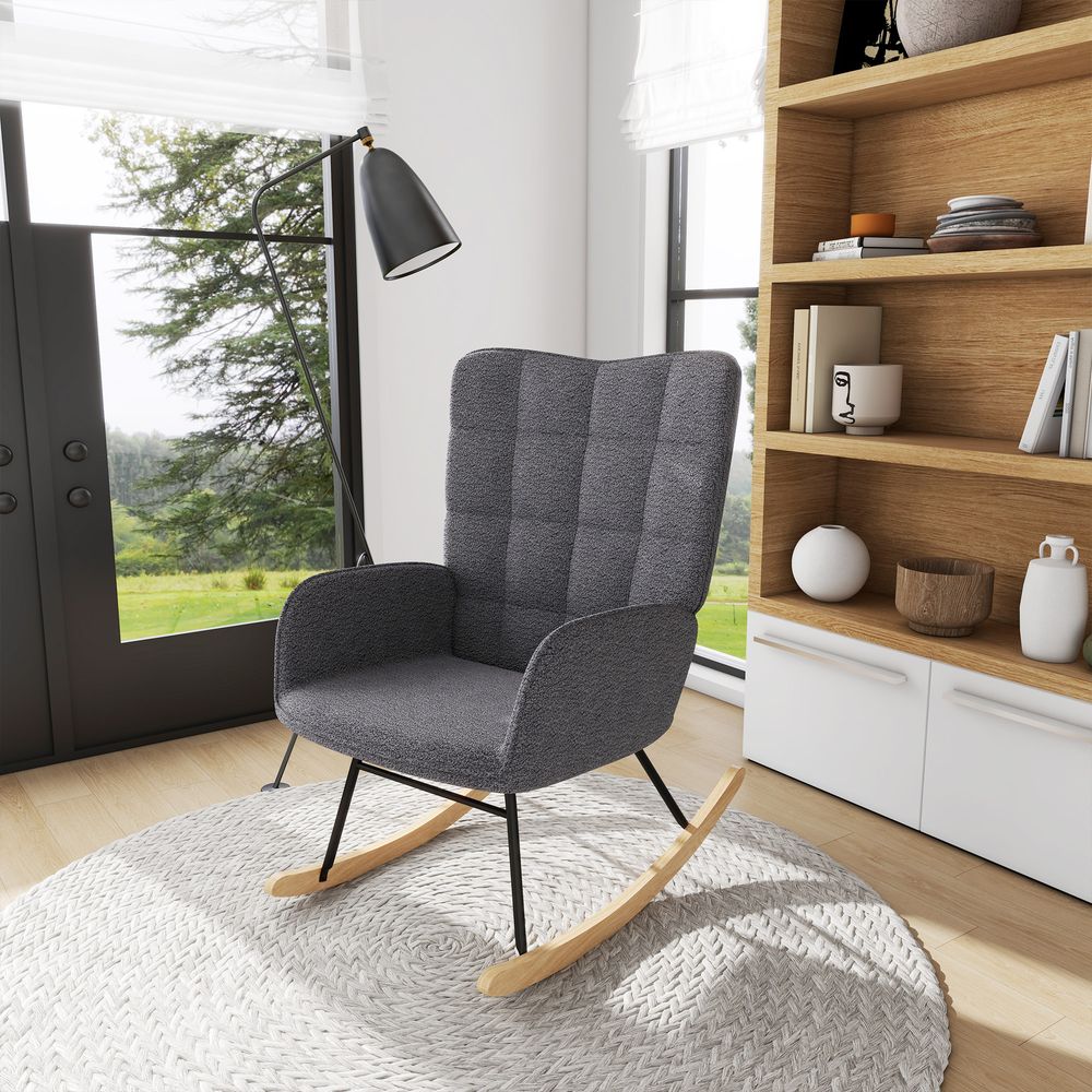 HOMCOM Wingback Rocking Chair - Steel Frame & Wooden Base - Grey