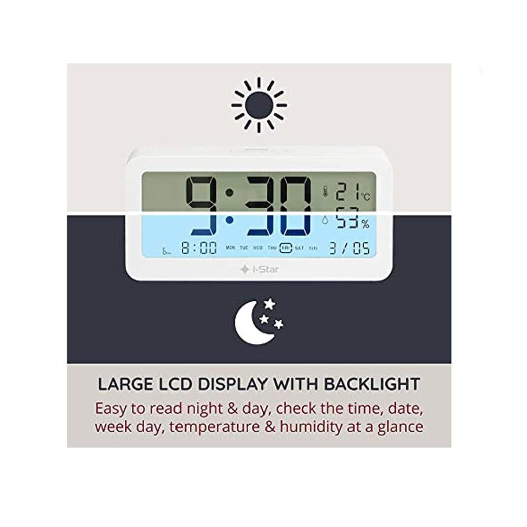 i-Star Portable White Alarm Clock with Temperature and Humidity- 90081PI