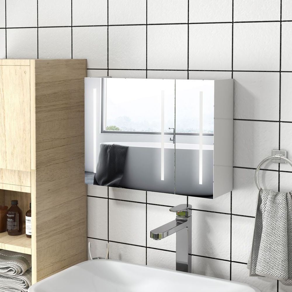 kleankin Wall Mount Storage Cupboard w/ Light, Mirror & Shelf - Bathroom Organizer, Day & Night Ready