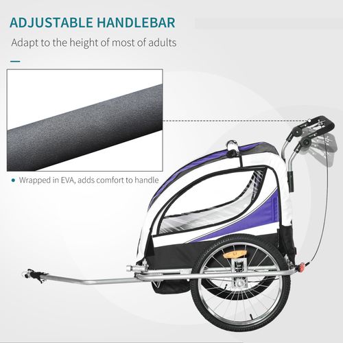 HOMCOM Child Bike Trailer, Baby Bicycle Trailer for 2 Kids with 5 Point Harness, Steel Frame, Reflectors, Safety Flag, Hitch Coupler, Purple